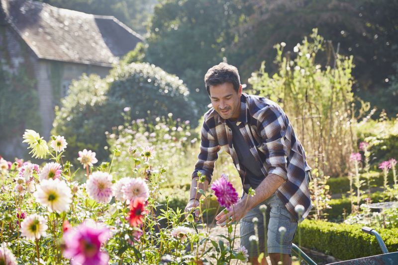 Professional flower planting team at work